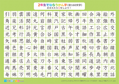 小学2年生の漢字一覧表（丸チェック表） グリーン A4